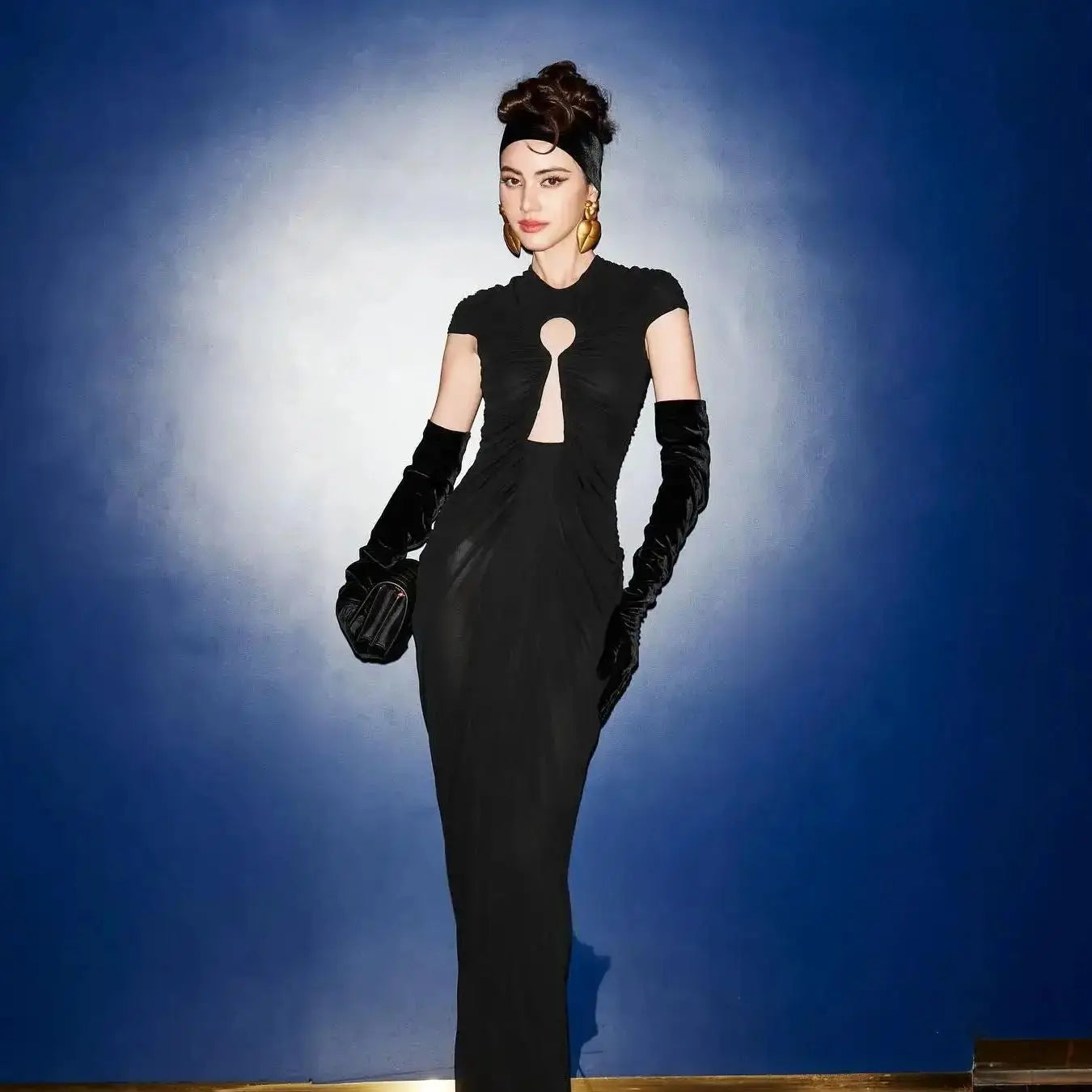 New Sexy Hollow Out SeeThrough Mesh Ankle Leng Evening Dress Fashion Woman Birthday Party Vestido Celebrity Evening Party Outfit black