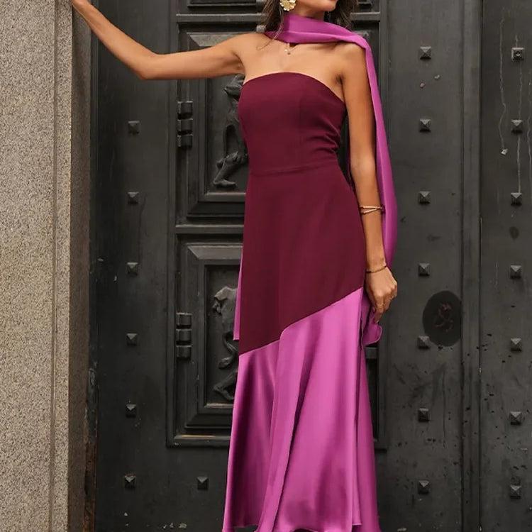 2025 Chic Purple Shawl Collar Off Shoulder Maxi Dress Fashion Contrast Spliced Pleated Hem Backless Robe Lady New Party Dresses Picture color