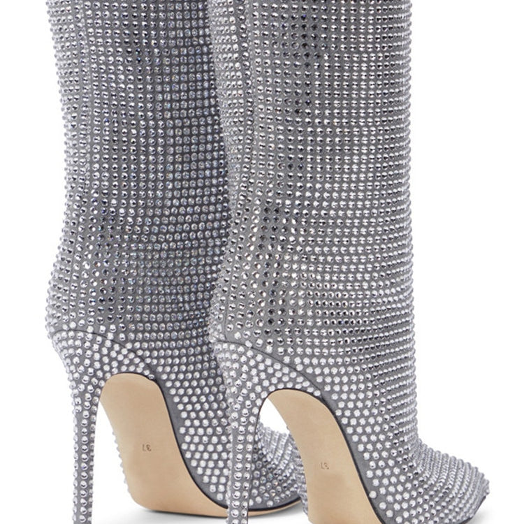 Women's New European and American Fashion Show Starry Sky High-heeled Rhinestone Pointed Nightclub Four Seasons Boots silver 11cm