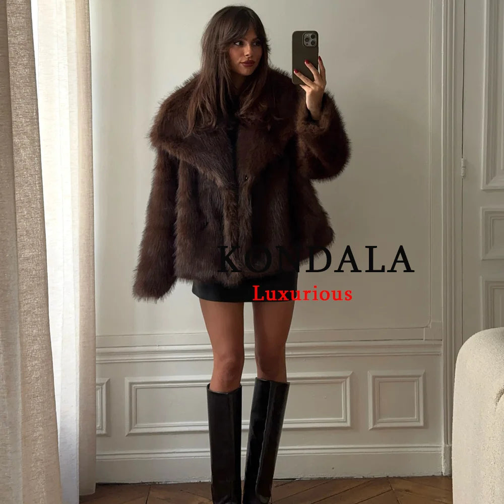 KONDALA Casual Brown Thick Fur Jackets Women Long Sleeve V Neck Autumn Winter Faux Fur Coats Fashion 2025 Streetwear Outwears