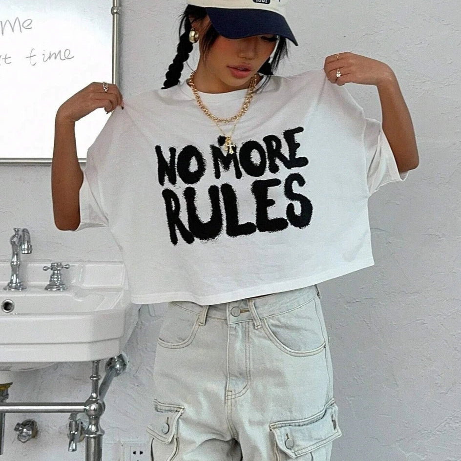 100% Cotton Women Crop T-shirts No More Rules Letter Prints Tops O-Neck Short Sleeves Tees Summer Fashion Street Female Clothing