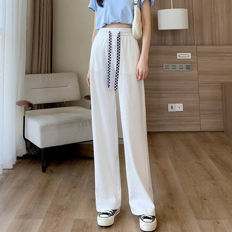 Summer Ice Silk Pants Women's Thin, High Waist, Casual Loose, Slim and Slimming Feeling, Floor Dragging Wide Legged Pants White