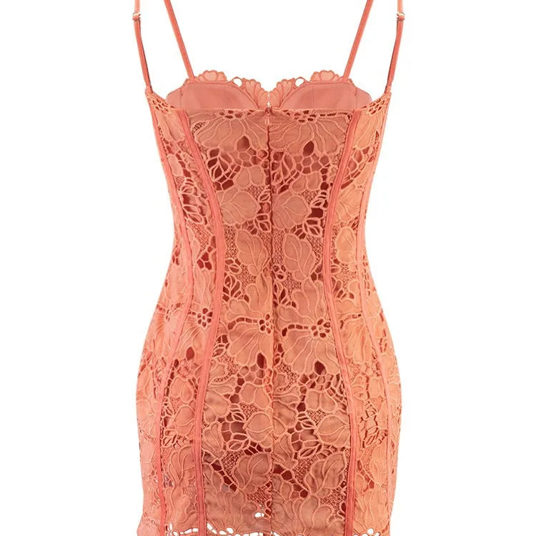 Orange Color Women Sleeveless Sexy Strap Square Collar Bodycon Mini Lace Dress Celebrate Girls' Birthday Party Cocktail Dress