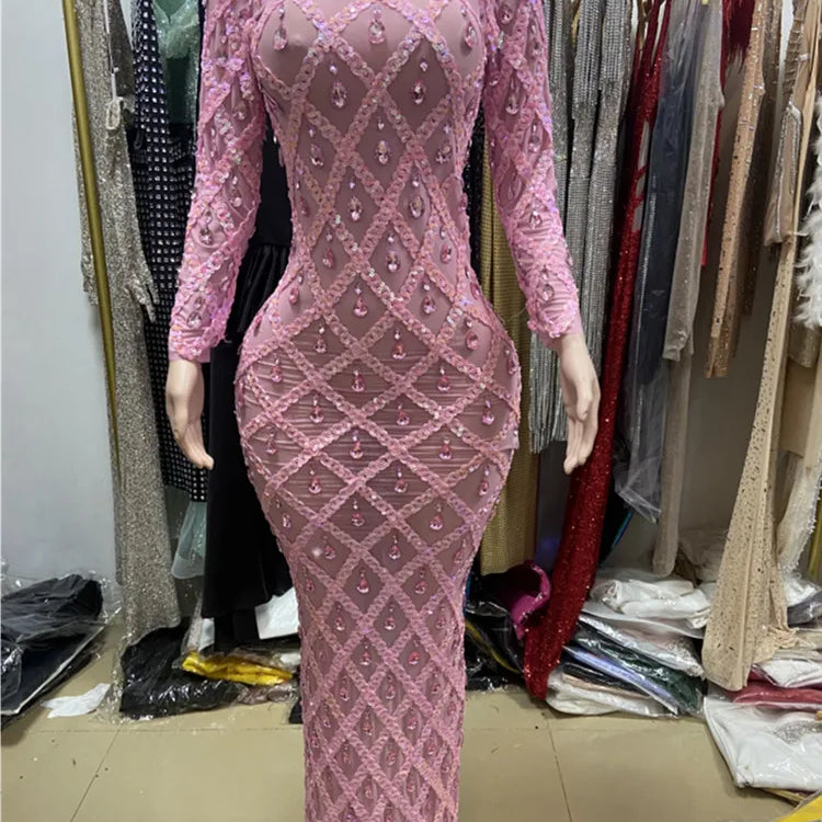 Pink Color Women Long Sleeve Sexy Mesh Big Crystal Bodycon Long Dress Celebrate Birthday Bar Singer Performance Costume Wear