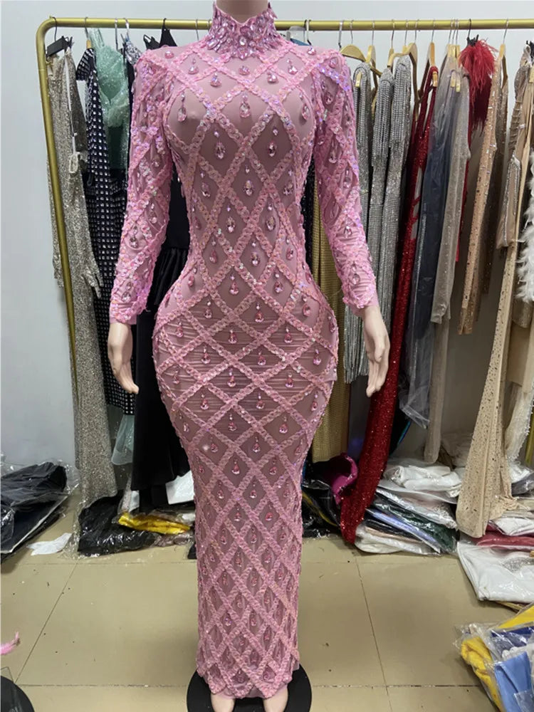 Pink Color Women Long Sleeve Sexy Mesh Big Crystal Bodycon Long Dress Celebrate Birthday Bar Singer Performance Costume Wear