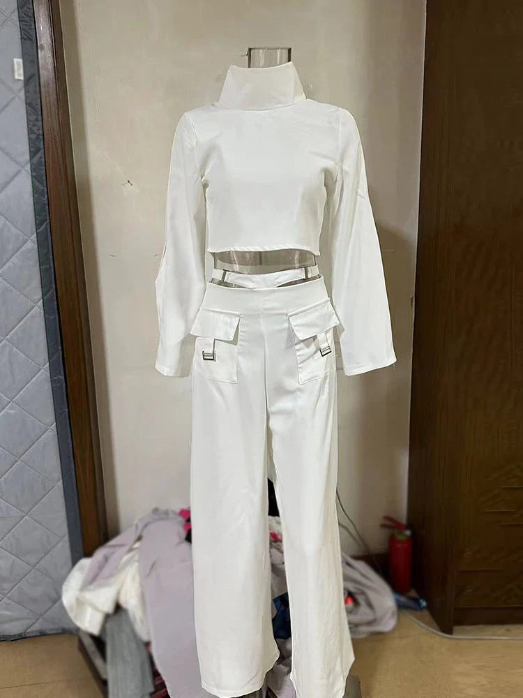 Streetwear Two Piece Set For Women Stand Collar Long Sleeve Top High Waist Pant Wide Leg Pant Chic Sets Female New