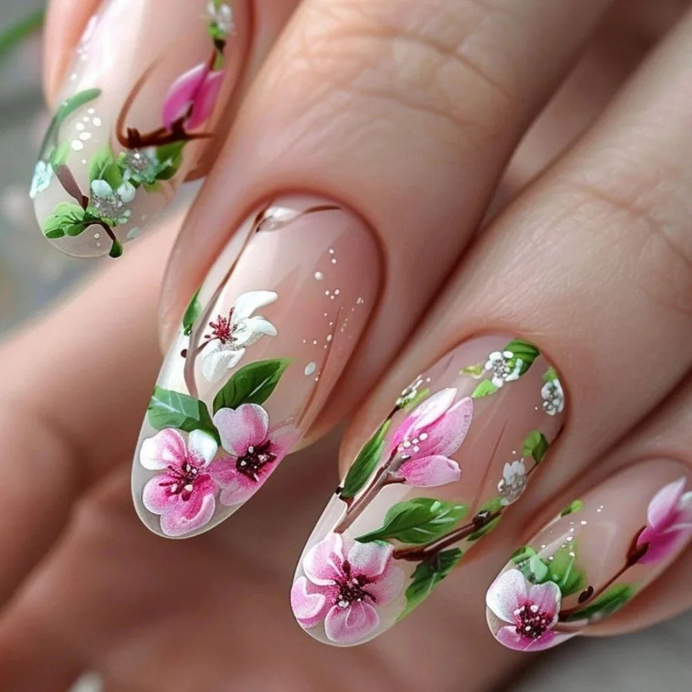 24Pcs Press on False Nails Simple Garden Fresh Flowers Design Sweet Fake Nails Tips Art Wearable Almond Stiletto Oval Manicure 6