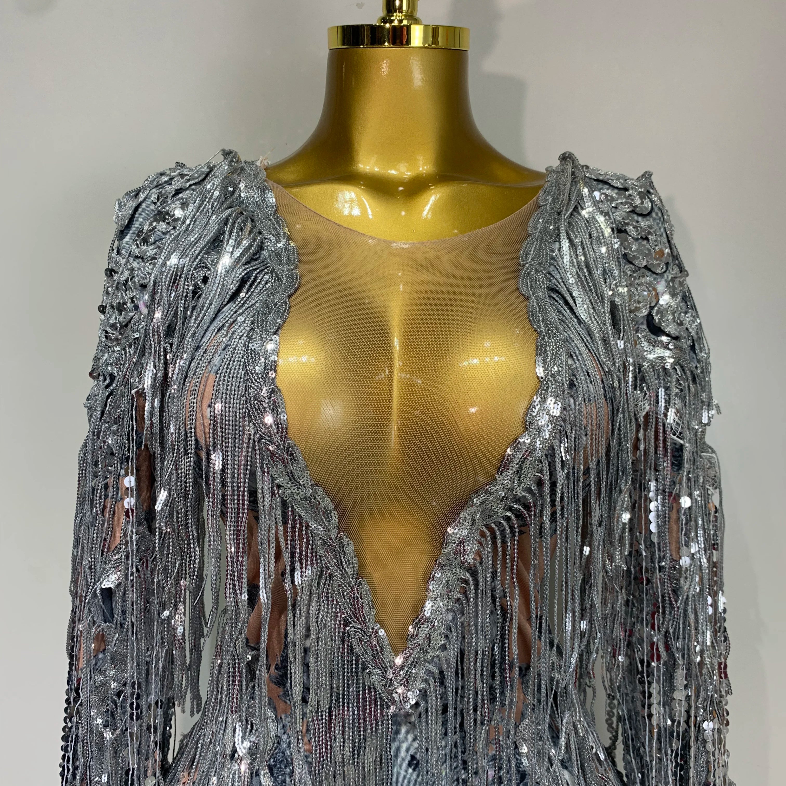 Sparkly Sequin Tassels Long Sleeve Silver Bodysuit Bar Women Singer Show Costume Celebrate Outfit Evening Dance Stage Outfit