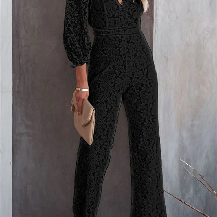 CHRONSTYLE Elegant Women Lace Wide Leg Pants Jumpsuits Solid Color Long Sleeve High Waist V Neck Floral Rompers Streetwear 2023