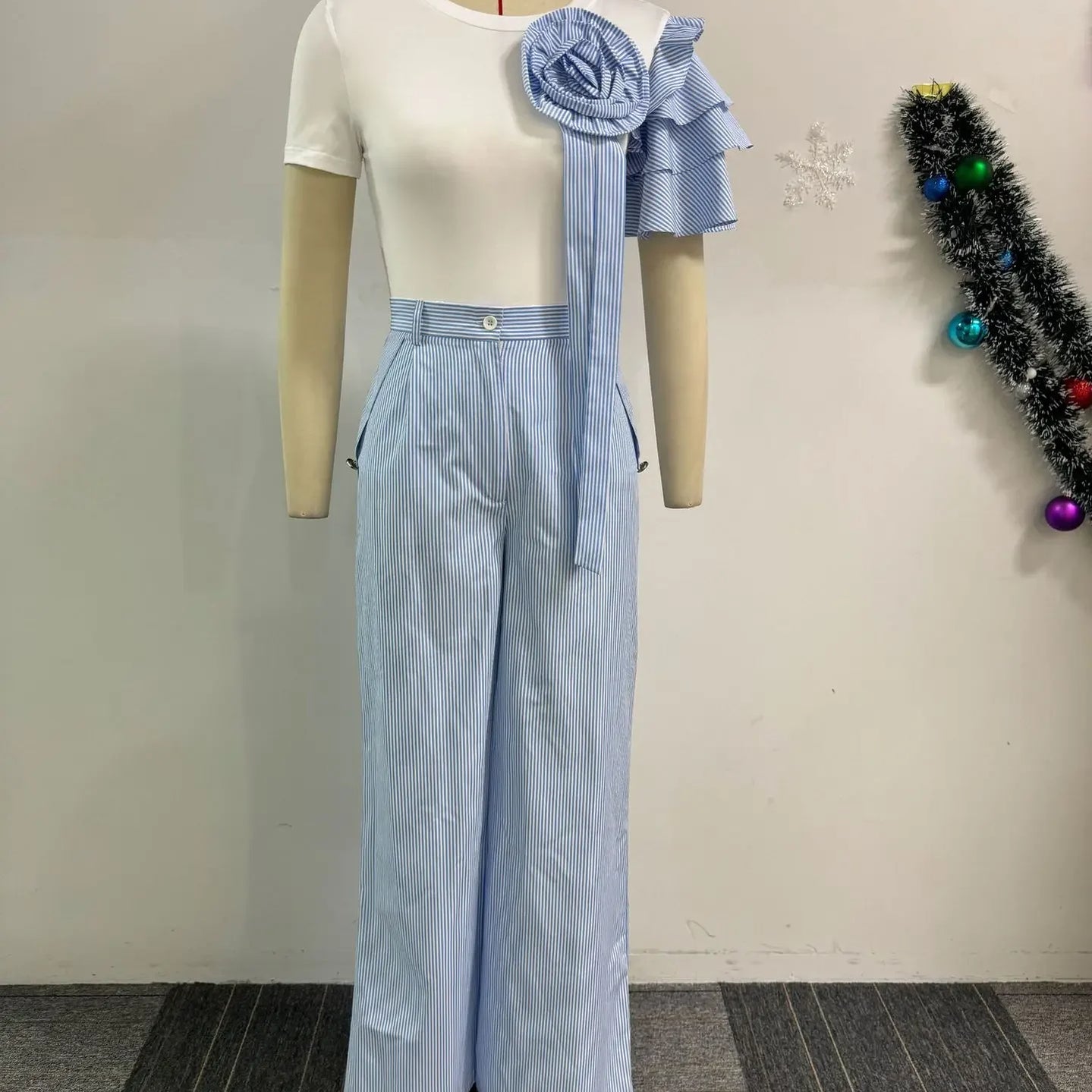 Street Women's Set Short Sleeve T-shirt and Striped Floral Splicing Romper Wide Leg Pants Elegant Two 2-Piece Set Outfit