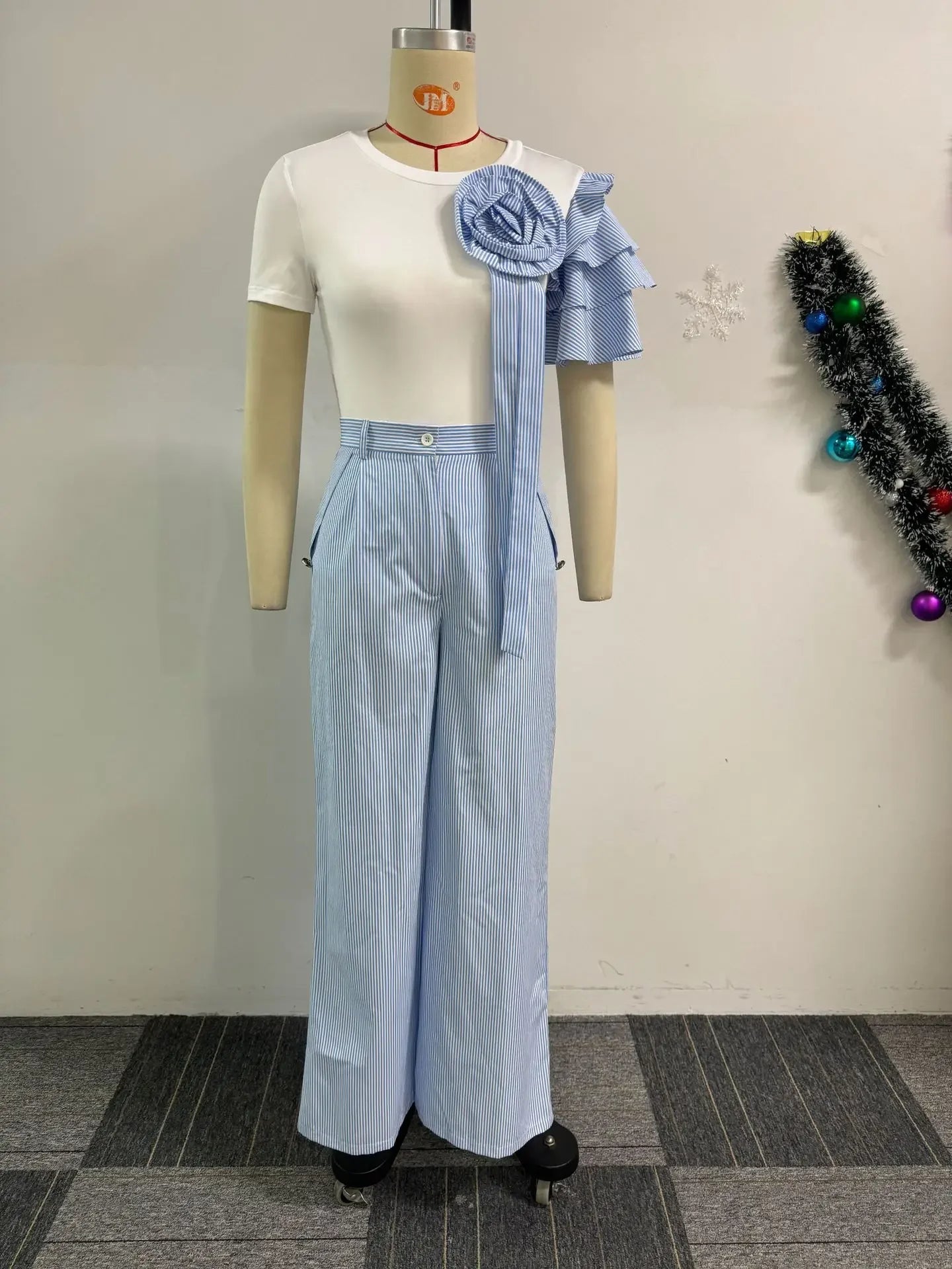 Street Women's Set Short Sleeve T-shirt and Striped Floral Splicing Romper Wide Leg Pants Elegant Two 2-Piece Set Outfit