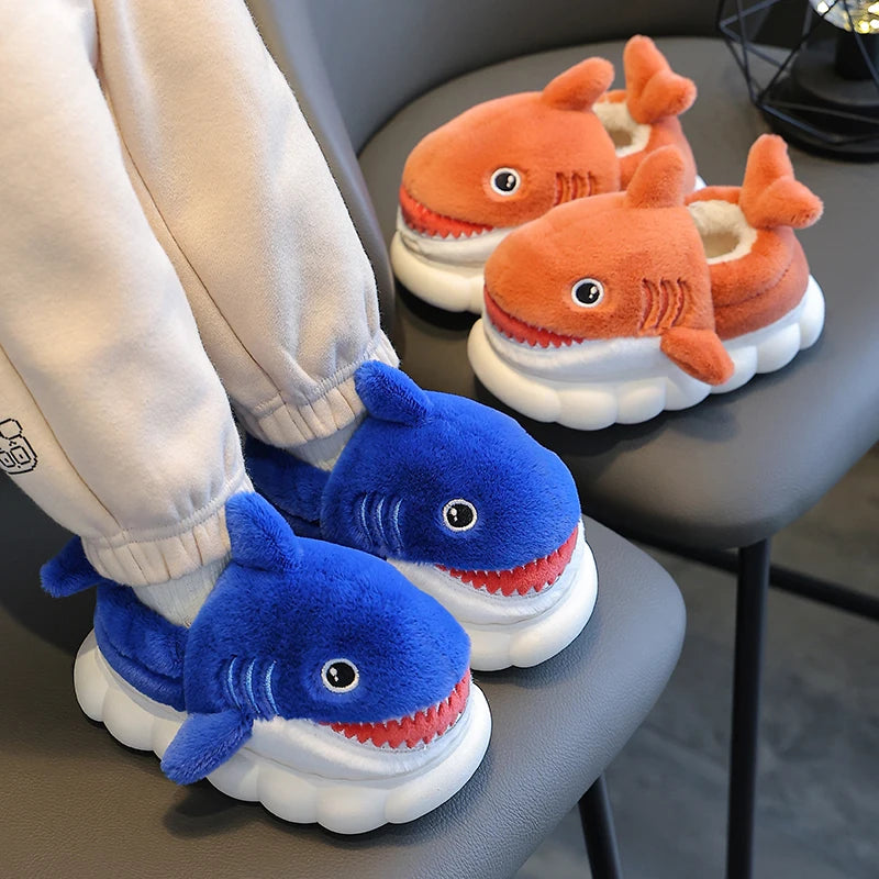 Winter Wrap Heels Cute Cartoon Shark Cotton Slippers Children's Non-slip Soft For Kids Girls Boys Baby Warm Plush Home Shoes