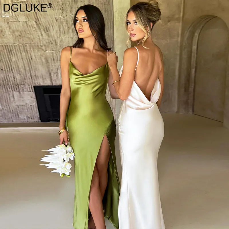 Spaghetti Strap White Long Satin Dress Elegant Party Dress For Women Summer High Slit Backless Formal Occasion Dresses Maxi