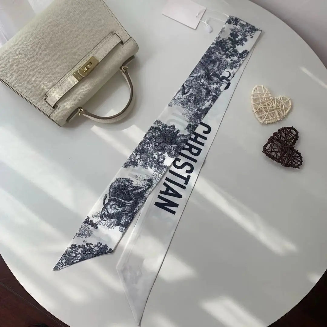 Brand CD Butterfly Around the World Women's Ribbon Scarf Twill Silk Mulberry Silk Long Small Silk Scarf Neckerchief Bags Tie conglin navy1