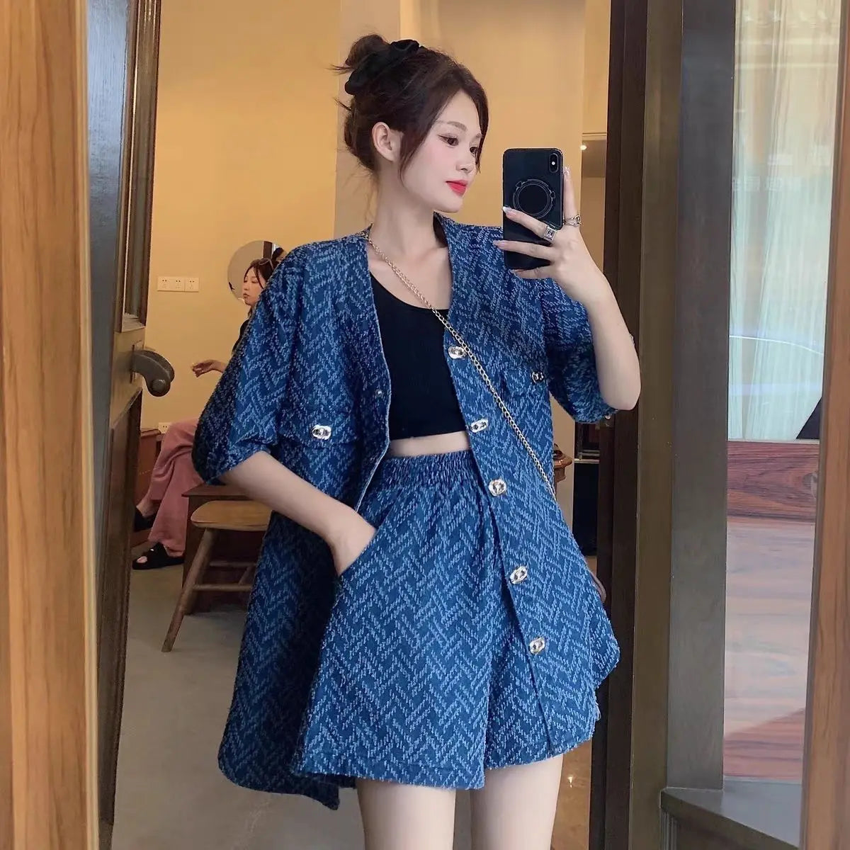 Summer New Printing Ladies Suits Fashion Loose Short Sleeve Button Cardigan and Elastic Waist Casual Pockets All-match Shorts Blue