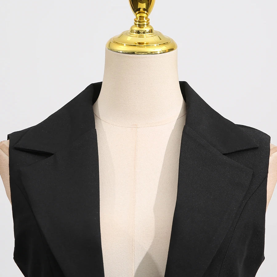 Hit Color Sheer Elegant Jacket for Women Lapel Sleeveless Patchwork Folds Fashion Long Jacket Female Clothing New