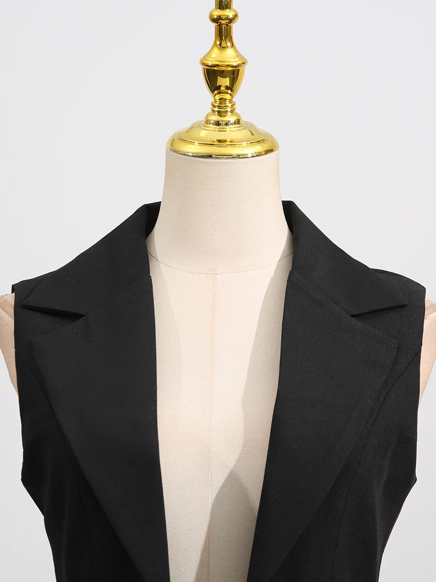 Hit Color Sheer Elegant Jacket for Women Lapel Sleeveless Patchwork Folds Fashion Long Jacket Female Clothing New