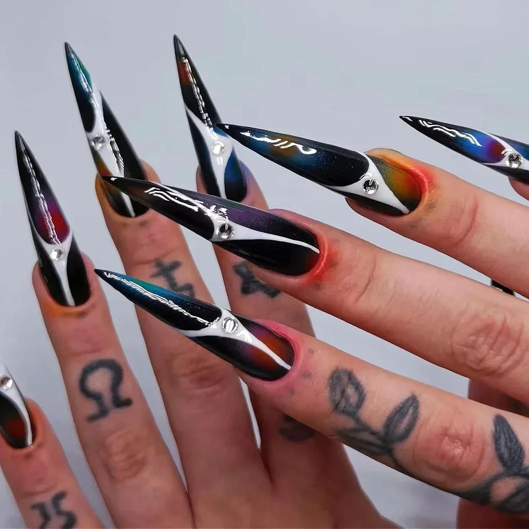 Exaggerate Punk Extra Long Pointed Fake Nails Art Dark Y2K Black Spider Centipede Rhinestone False Nail Press on Nails Manicure MT2607JP3517