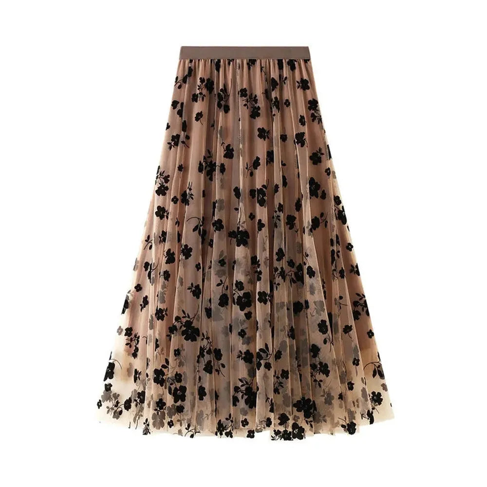 Ladies Vintage Floral Autumn Winter Skirt Women Casual Elastic High Waist Midi Pleated Mesh Tutu Skirt Women Tulle Skirt Female Brown