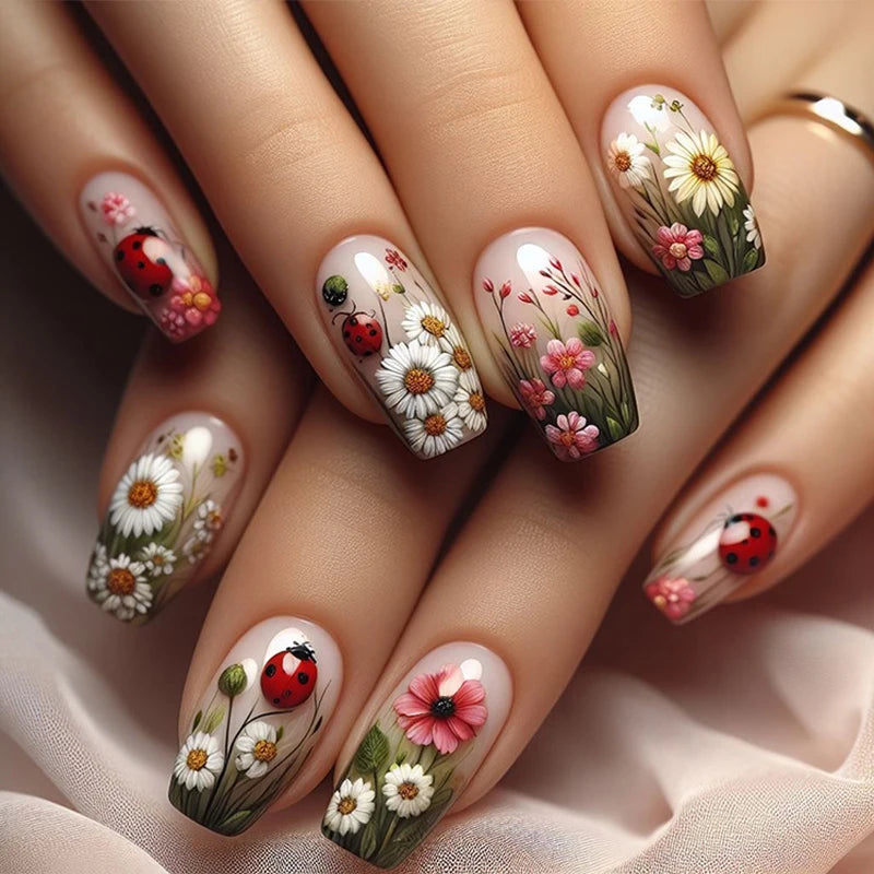 24pcs/set Meduim long fake nails for women peach flowers heart for Spring summer Square faux ongles press on false nail art tips 1910