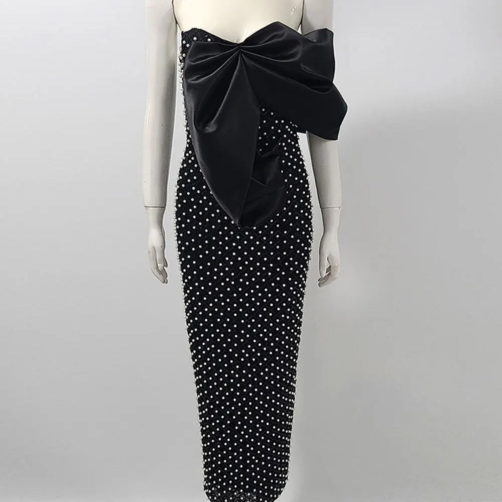 2024 Sexy Women's Heavy Industry Nail Bead Dress Shoulder Collar Bodycon Backless Midi Dress Cocktail Evening Party Vestidos black