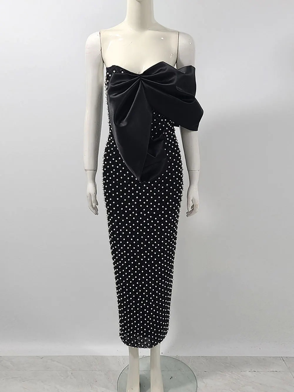 2024 Sexy Women's Heavy Industry Nail Bead Dress Shoulder Collar Bodycon Backless Midi Dress Cocktail Evening Party Vestidos black