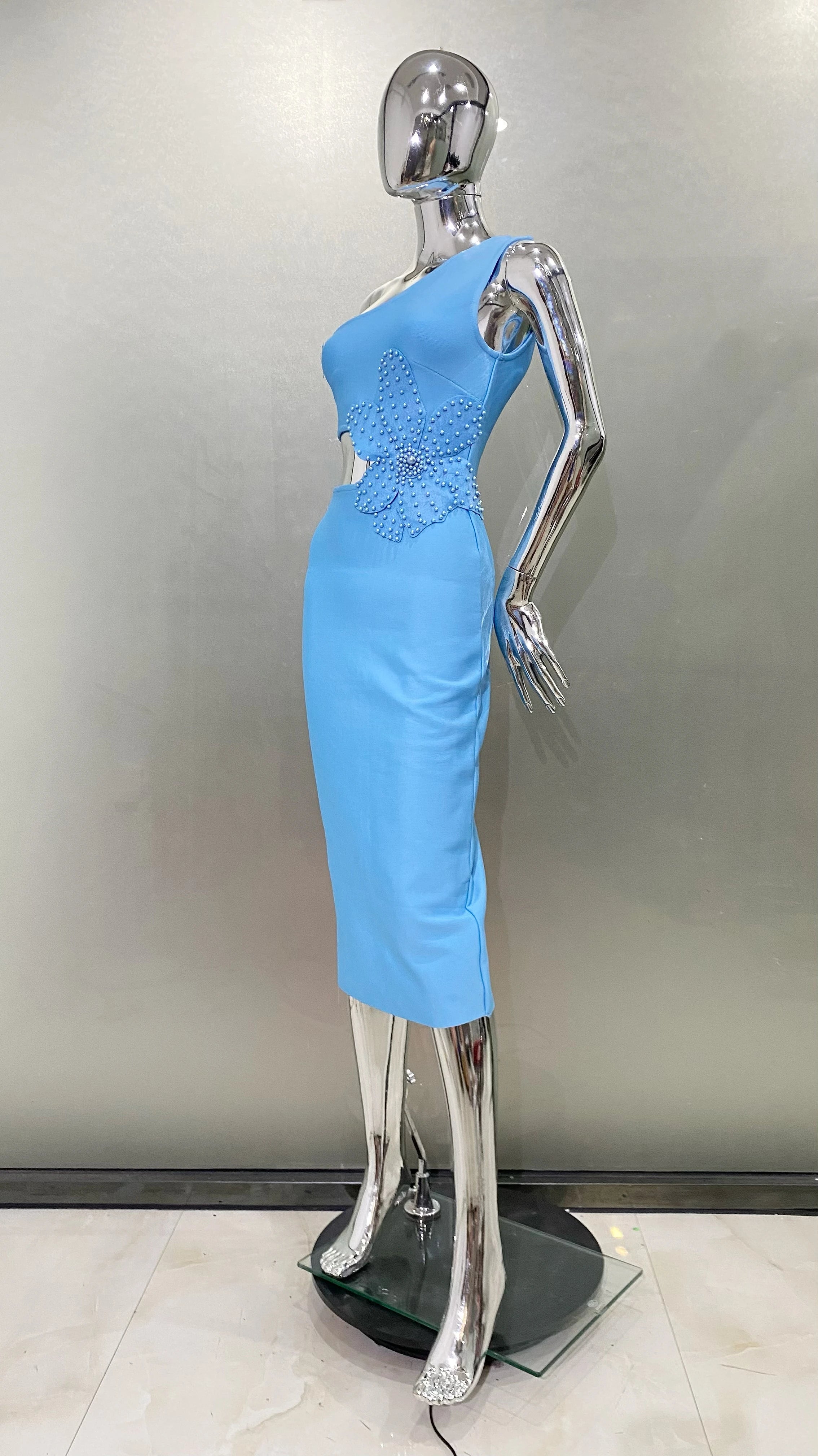 Blue Color Beading Flower Sexy One Shoulder Expose waist Mid Calf Bandage Dress Elegant Woman Evening Dress Cocktai Party Outfit