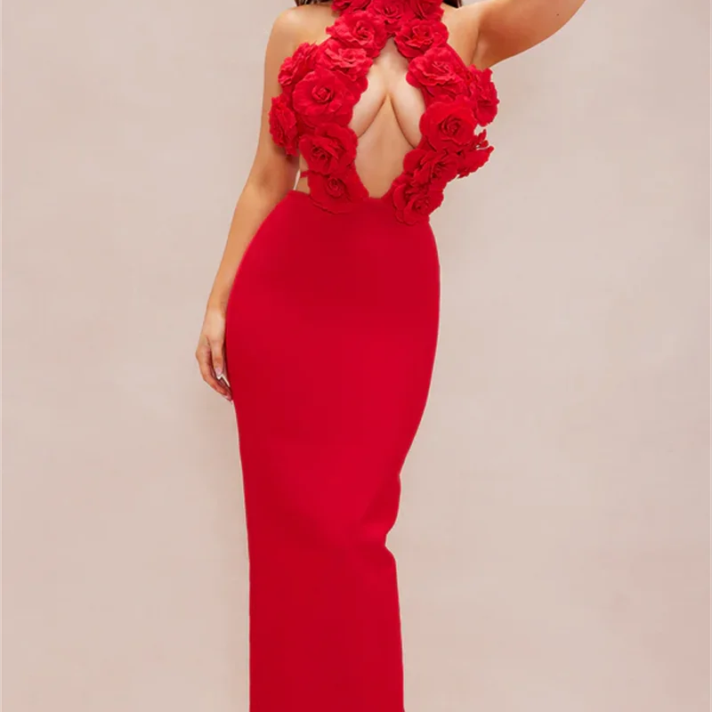 New Summer Sexy Halter Sleeveless Package Hips Ankle Lenght Bandage Dress Graceful Woman Party Dress Cocktail Party Vestido Red