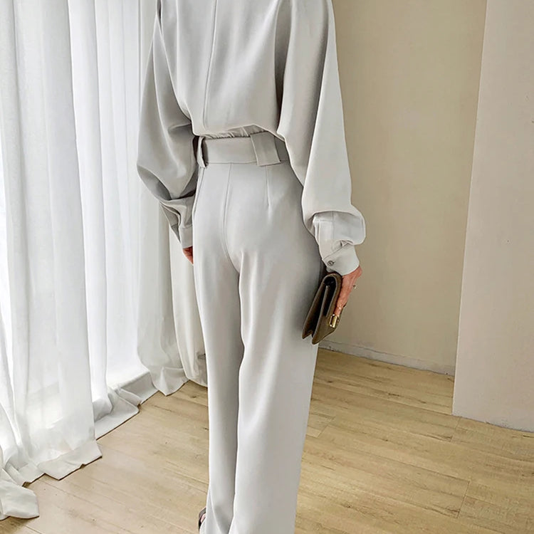 Lautaro Spring Autumn Beige Long Soft Flowy Stretchy Jumpsuit Women with Belt Black One Piece Shirt Jumpsuits for Women 2025