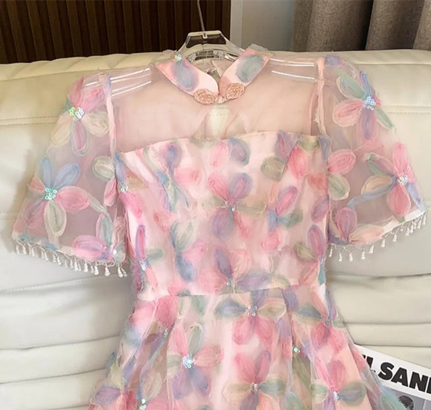 Elegant Sweet Spring Pink Mesh Party Long Dress Women Ruffled Collar Embroidery Flowers Beaded Tassel Short Sleeve Party Clothes