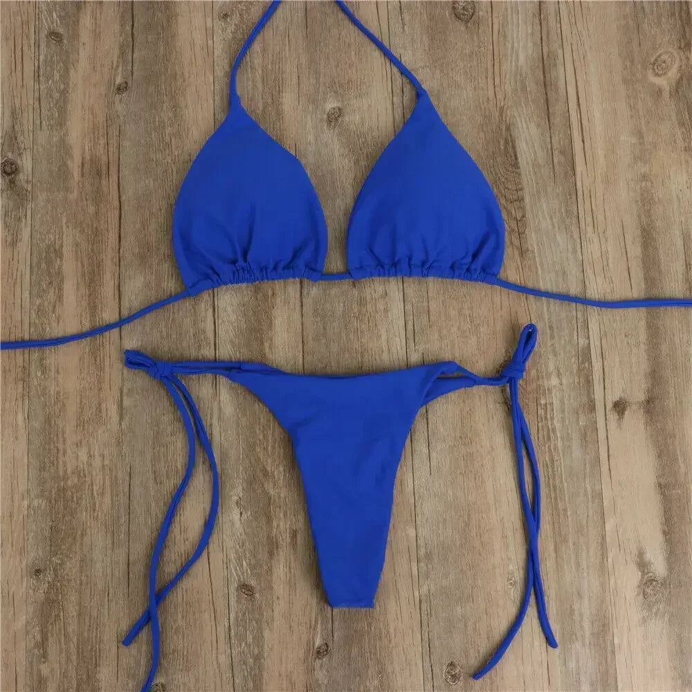 Women Thong Bikini Set Side Tie Sexy Swimsuit Bandage Style Brazilian Swimwear Neck Hanging Solid Color Adjustable Swimsuit Set Blue