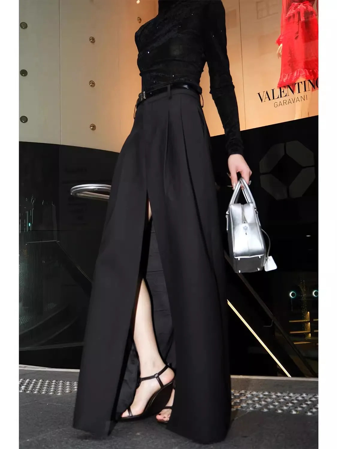 Lautaro Spring Summer Black Flowy Floor Length Skirt Women with Front High Slit High Waist Elegant Chic Luxury Designer Clothes