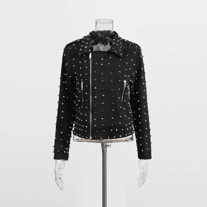 Solid Spliced Zippers Casual Jackets for Women Lapel Lomg Sleeves Patchwork Rivets Luxurious Jacket Femlae Fashion