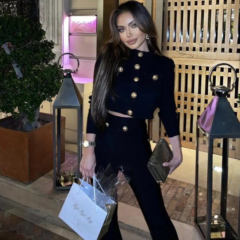 Bandage Expose Waist Woman Set Fashion Golden Buttons Short Coat Top And Flare Pants 2 Pieces High Street Wear