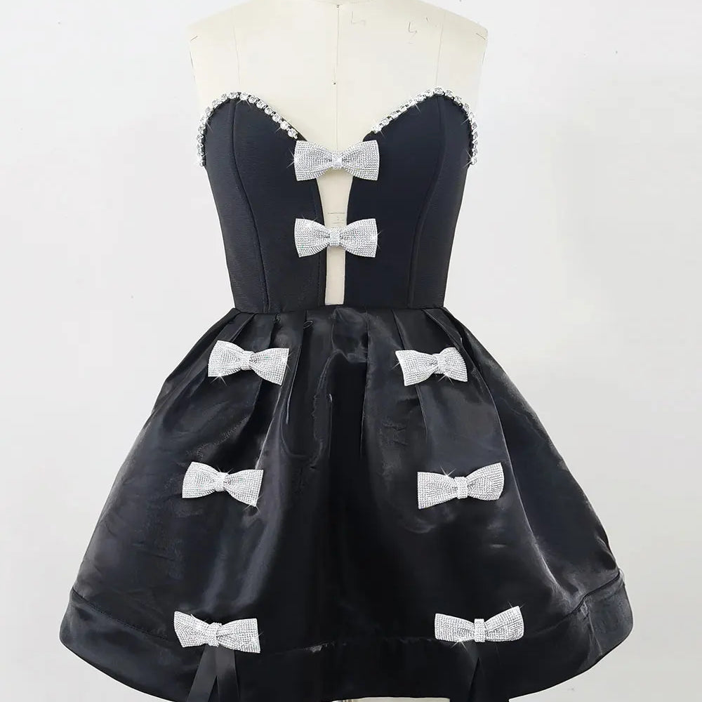 2025 Spring Women's White Puff Dress Strapless Sleeveless Three Dimensional Bow Design A-line Mini Dress Evening Party Vestidos