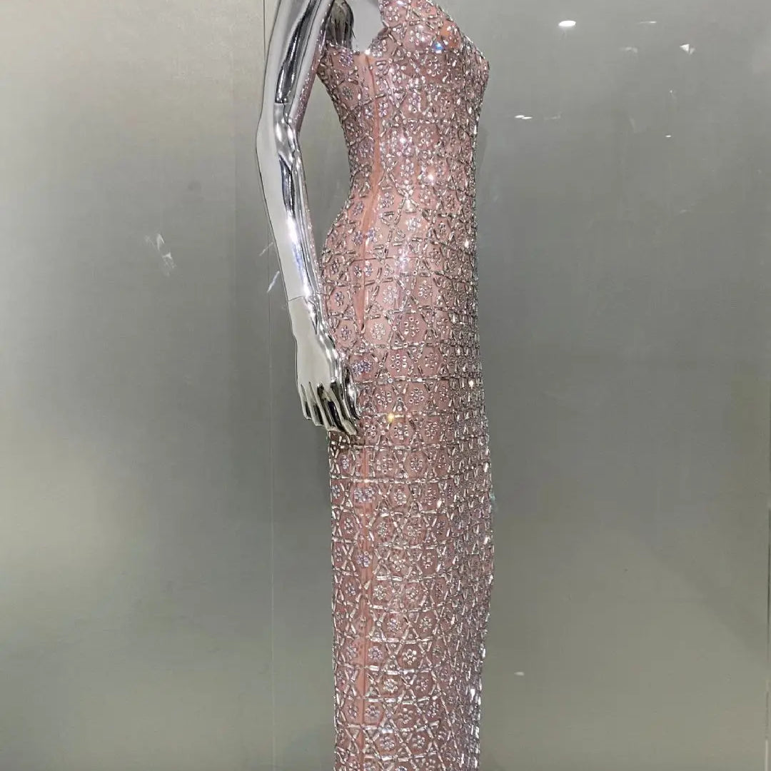 2024 Super Shining Diamonds Sexy Mesh See Through Bodycon Long Dress Fashion Woman Evening Party Dress Stage Performance Costume