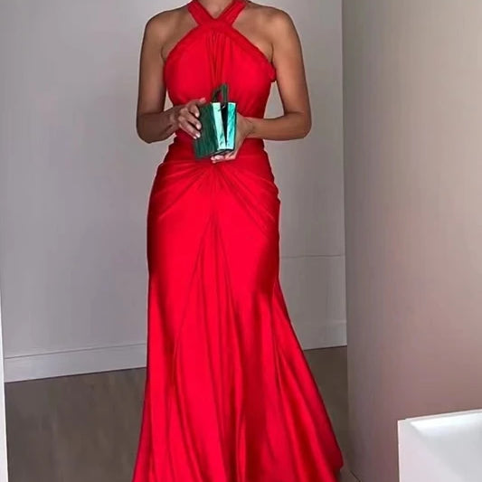 Rosered Red Color Women Sexy Off the Shoulder Halter Backless Long Mermaid Dress Elegant Evening Party Celebrate Wedding Dress