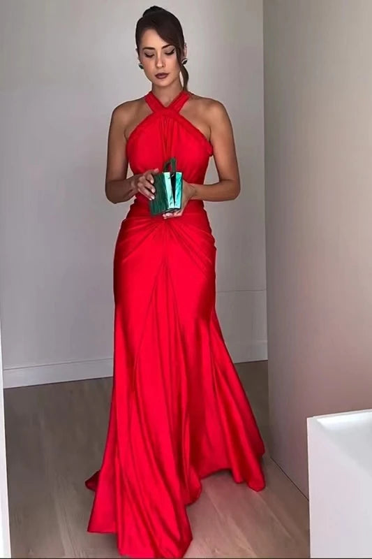 Rosered Red Color Women Sexy Off the Shoulder Halter Backless Long Mermaid Dress Elegant Evening Party Celebrate Wedding Dress