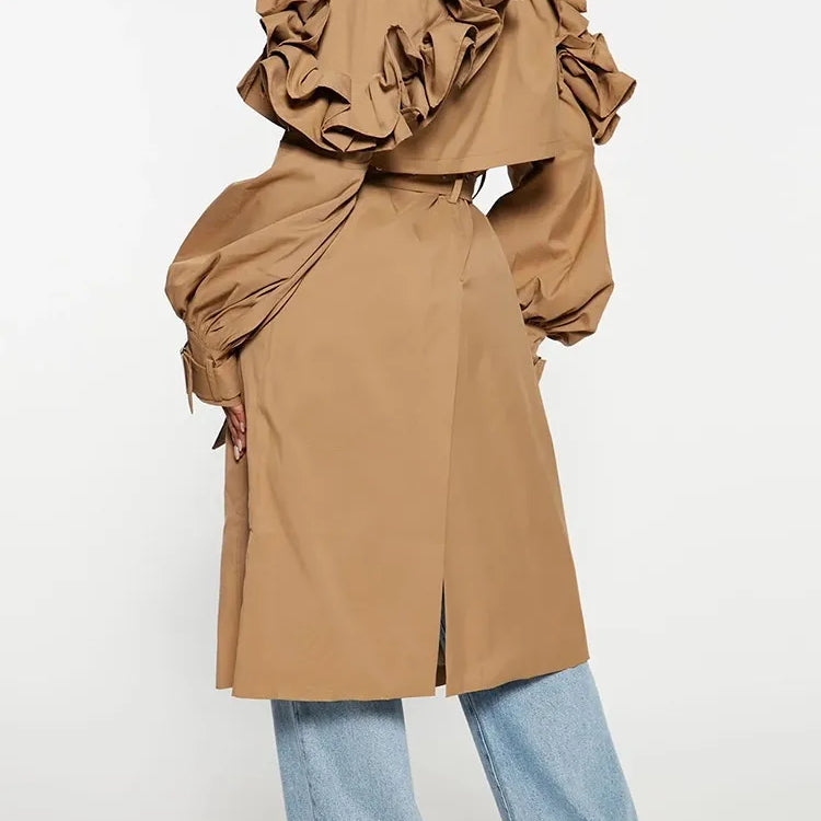 Casual Spliced Ruffles Trenches For Women Lapel Long Sleeve Patchwork Belt Vintage High Street Trench Female Style