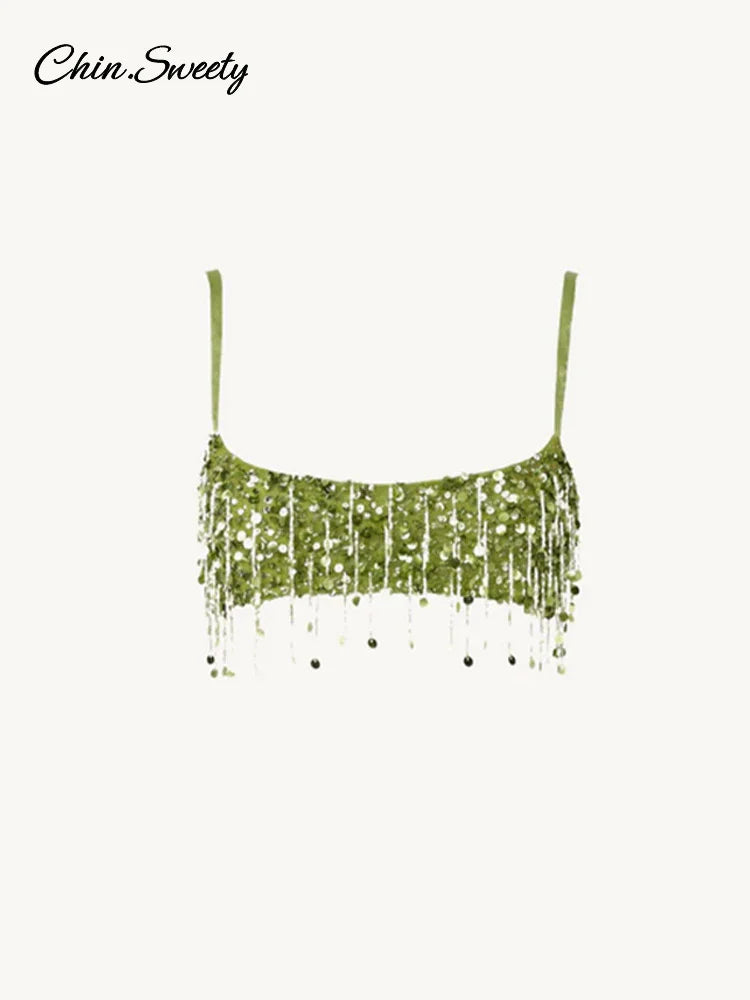 Y2K Tassel Sequin Mini Skirt Sets Women Crop Backless Sling Vest Short Hip Package A-line Skirts 2025 Summer Party Club Outfits