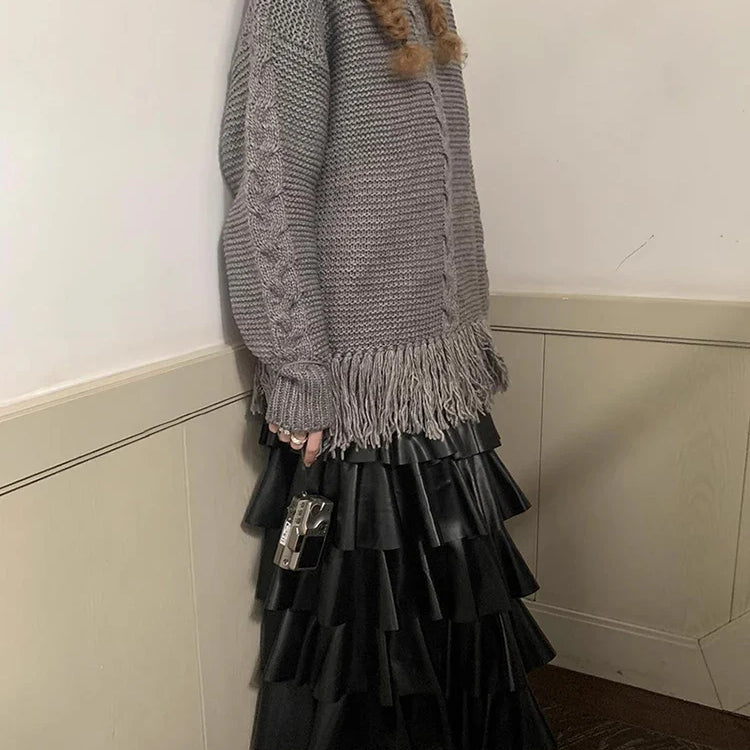 Spring Autumn Black Pu Leather Midi Tiered Skirt Women with Elastic High Waist Long Elegant Luxury Designer Clothes 2023