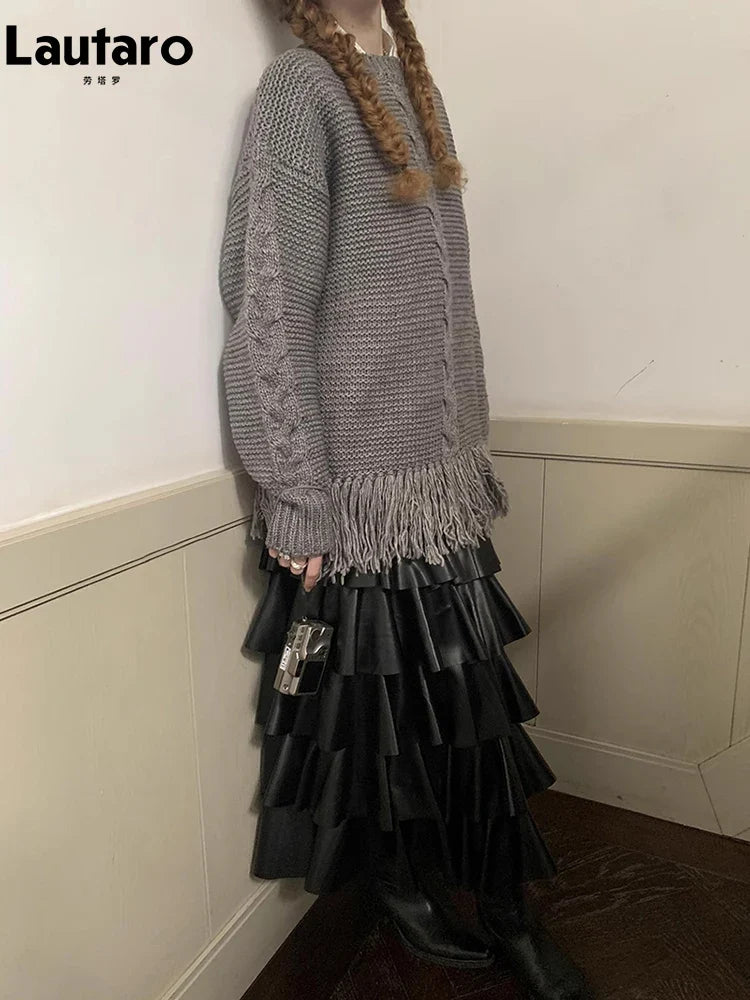 Spring Autumn Black Pu Leather Midi Tiered Skirt Women with Elastic High Waist Long Elegant Luxury Designer Clothes 2023