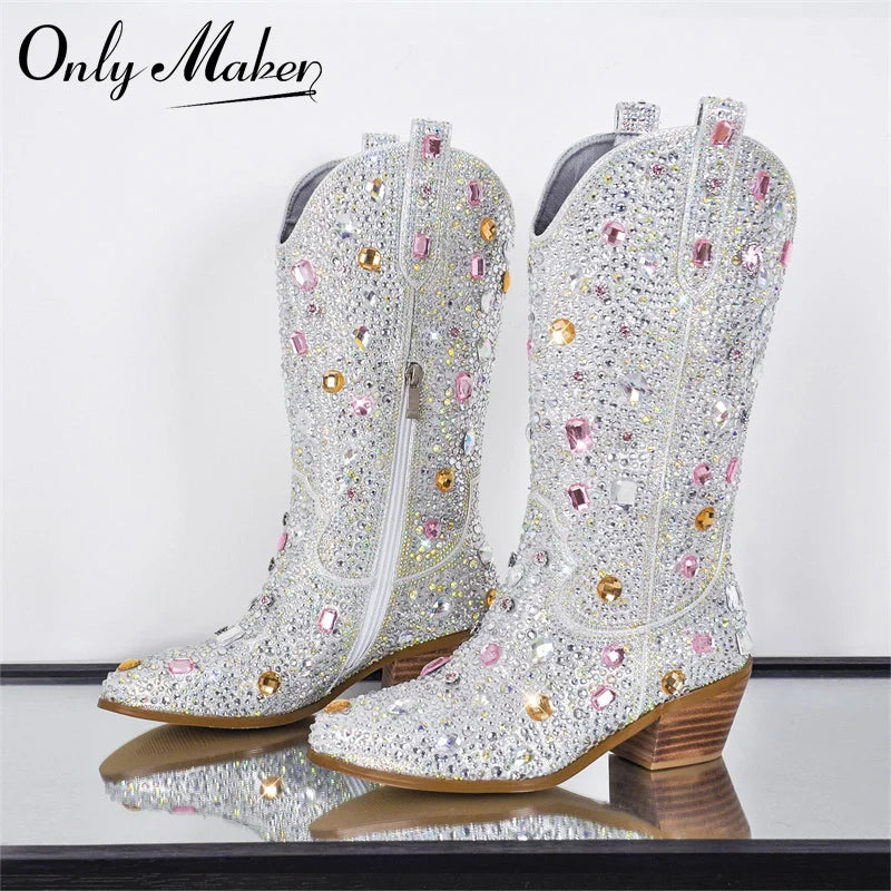 Women Sparkly Multi-colored Rhinestone Handmade Mid-calf Western Boots