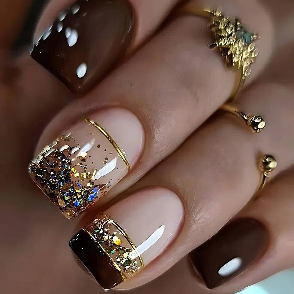 24pcs/set short square fake nails for women girls faux ongles fashion glitter geometric flowers design press on false nail kit 1414