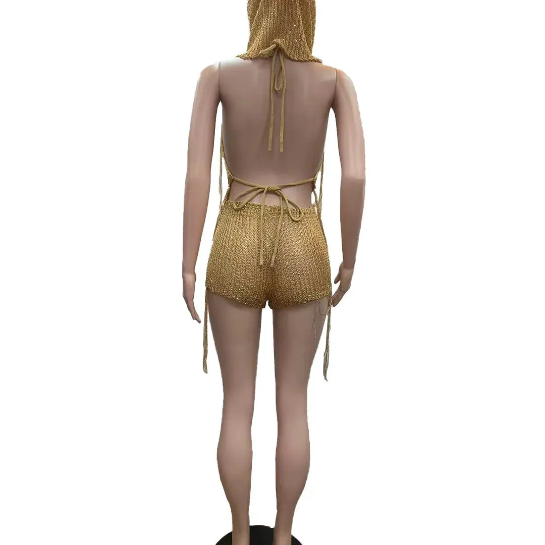 Knit Ribbed Women's Set Halter Neck Backless Crop Top with Hat Shorts Suit 2023 Summer Two 2 Piece Set Outfit Tracksuit