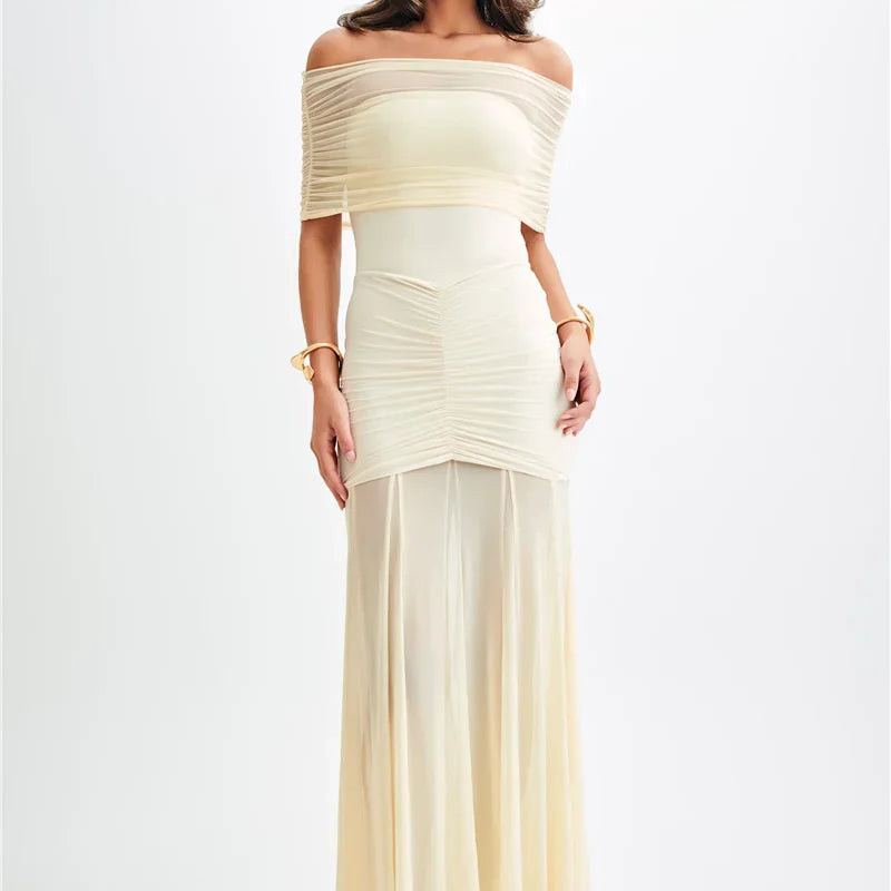 Mesh Strapless Off-shoulder Sexy Ruffled Mini Dress For Women Fashion Backless High Waist Female Ruched Party Dress Navy Blue