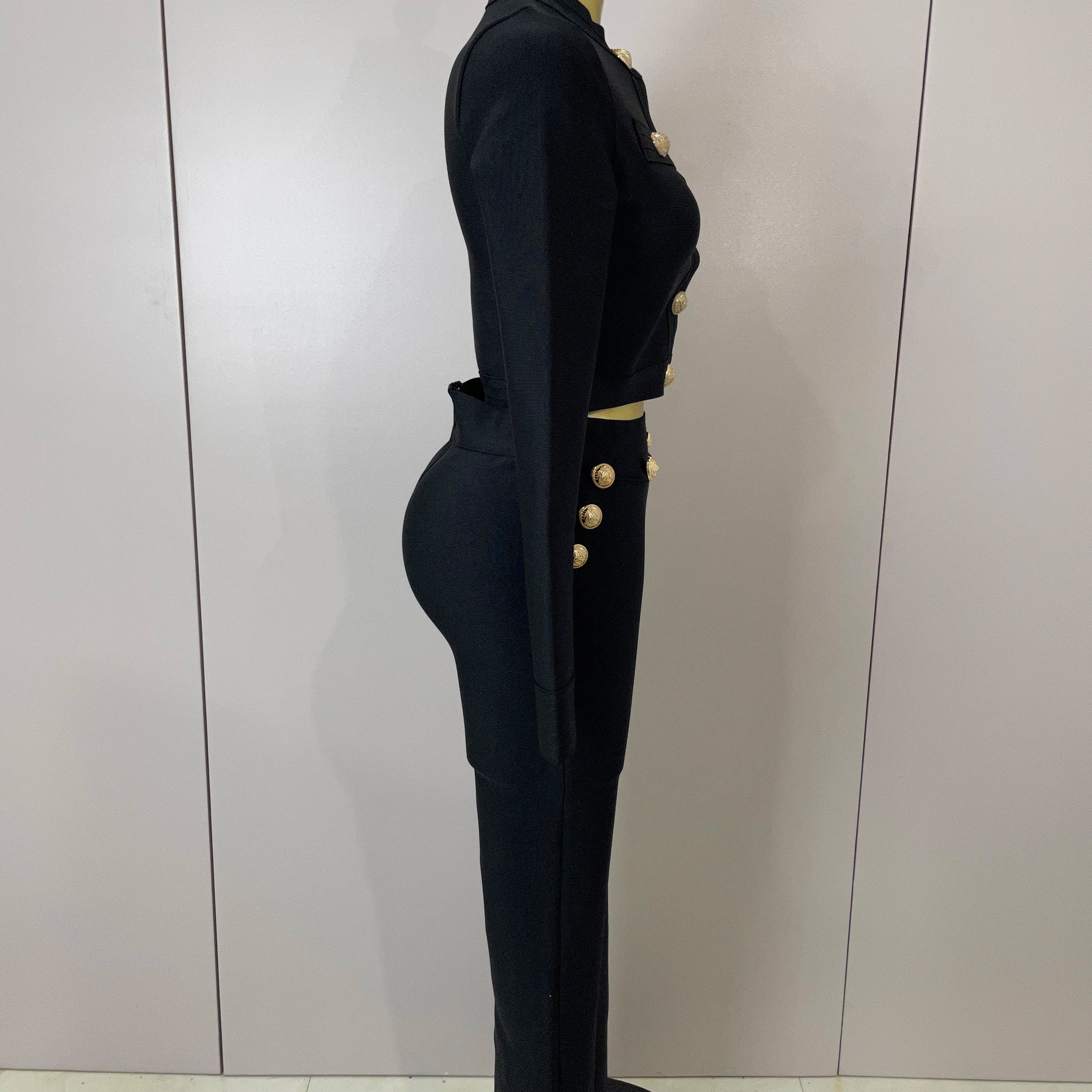 2025 New Golden Buttons Short Coat Top And Flare Pants Bandage 2 Pieces Set Woman Celebrity Evening Party Vestidos