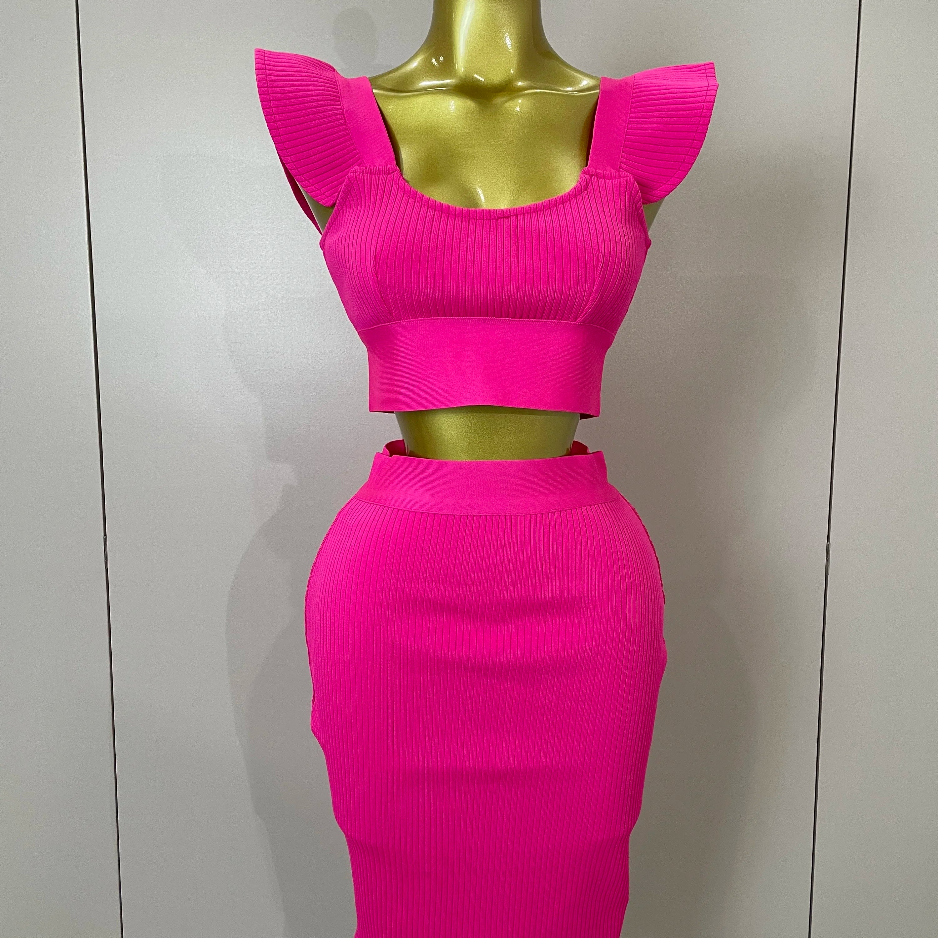 Women 2025 New Sexy Backless Ruffles Red Bandage Two Pices Set 2025 Celebrity Evening Elegance Birthday Party Dress Rose Red