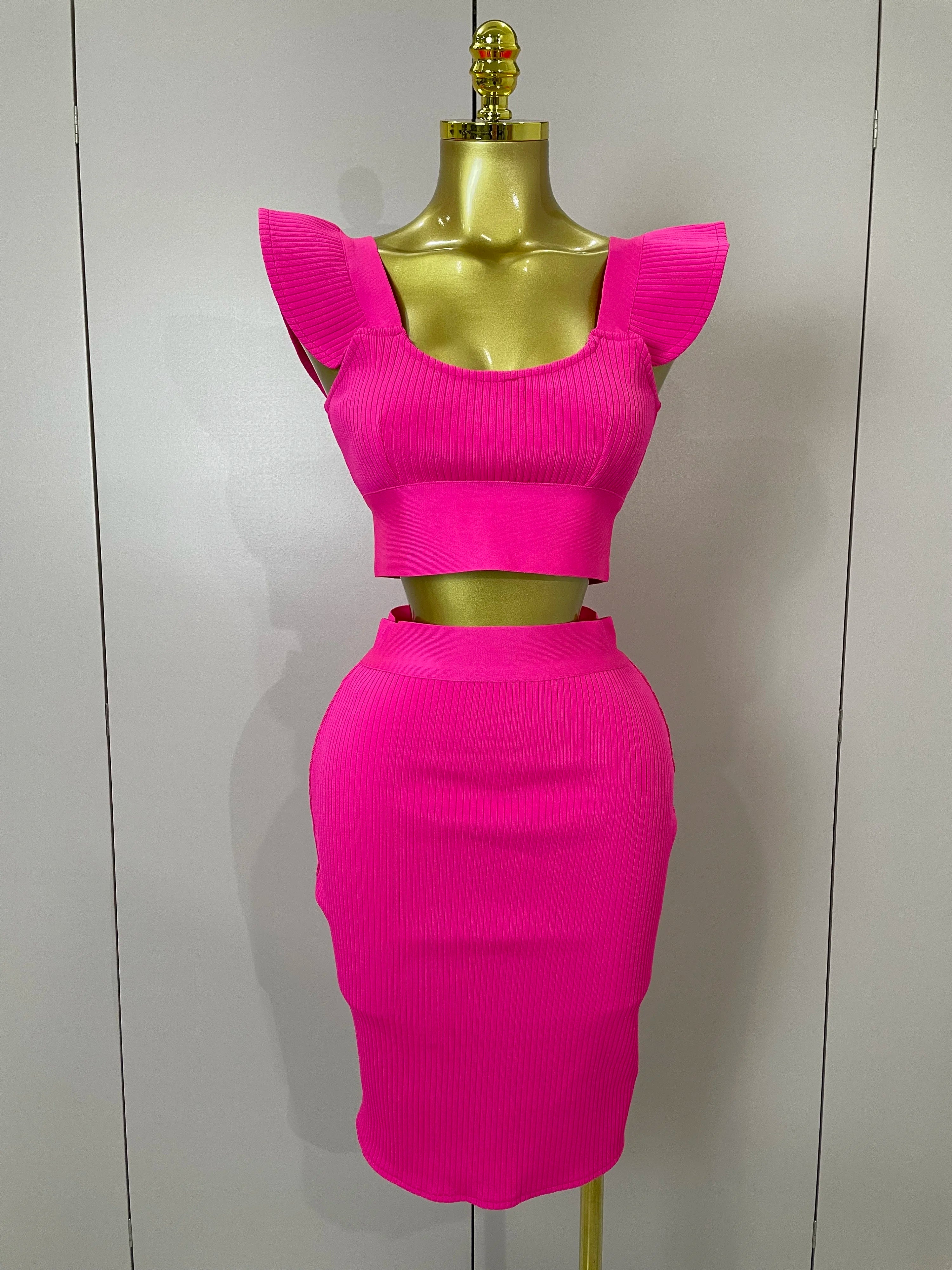 Women 2025 New Sexy Backless Ruffles Red Bandage Two Pices Set 2025 Celebrity Evening Elegance Birthday Party Dress Rose Red