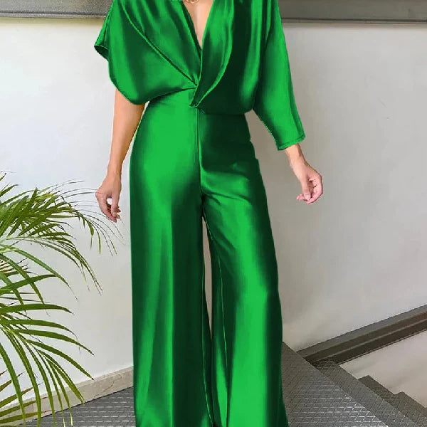 Women's Solid Color Jumpsuit Spring Summer Adult Female V-neck Sexy Short Sleeves High Waist One-piece Suits Green